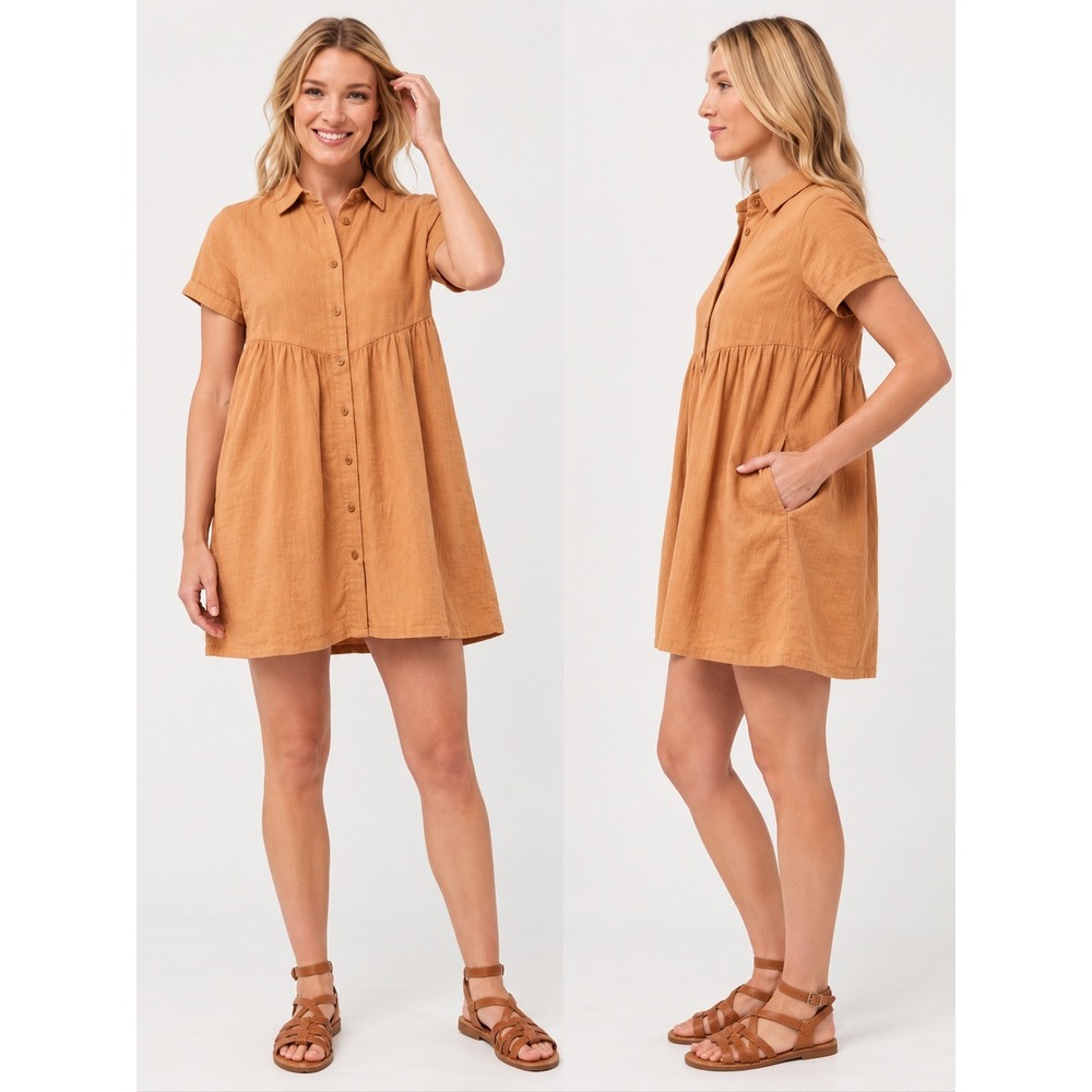 Pact Organic Cotton Babydoll Shirt Dress Ginger Honey Orange Large Pockets